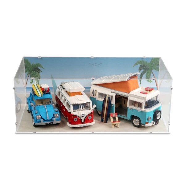Acrylic display XXL for LEGO&reg; 10220/10279/10252 Volkswagen T1/T2 & Beetle (With background image - beach during the day)