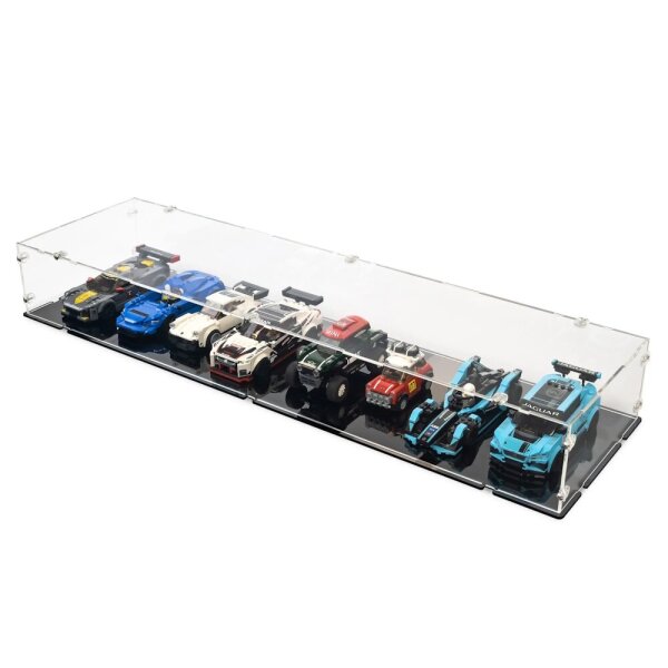 Acrylic display XL for 8 LEGO&reg; Speed Champions models side by side (with black base)