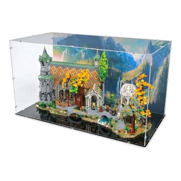 Display in acrilico per LEGO&reg; 10316 Il Signore degli Anelli: Gran Burrone (con immagine di sfondo e pavimento nero)