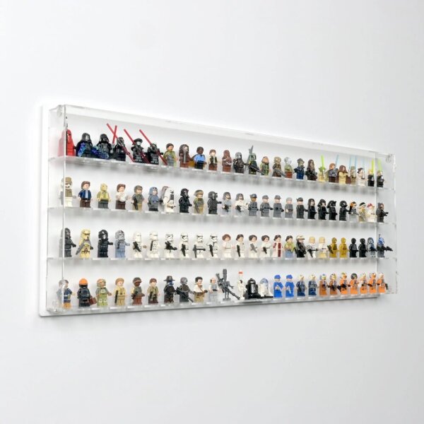 Pr&eacute;sentoir mural en acrylique pour 100 figurines LEGO&reg; (avec fond blanc)