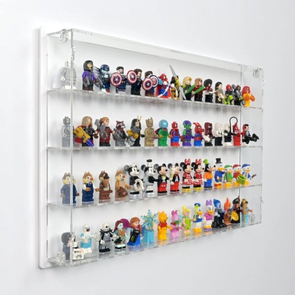 Pr&eacute;sentoir mural en acrylique pour 60 figurines LEGO&reg; (avec fond blanc)