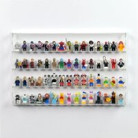 Pr&eacute;sentoir mural en acrylique pour 60 figurines LEGO&reg; (avec fond blanc)