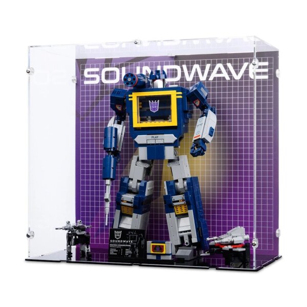 Display in acrilico per LEGO&reg; 10358 Transformers: Soundwave (con immagine di sfondo e base nera)
