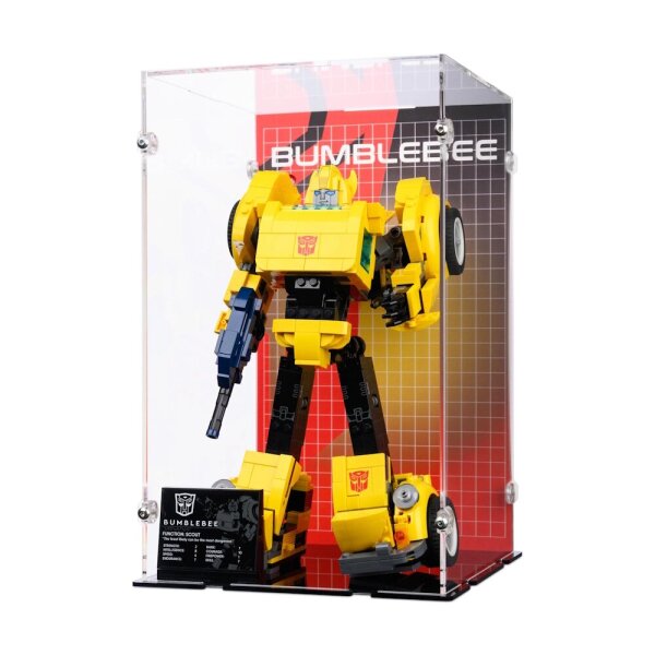 Display acrilico per LEGO&reg; 10338 Transformers: Bumblebee  (con immagine di sfondo e base nera)