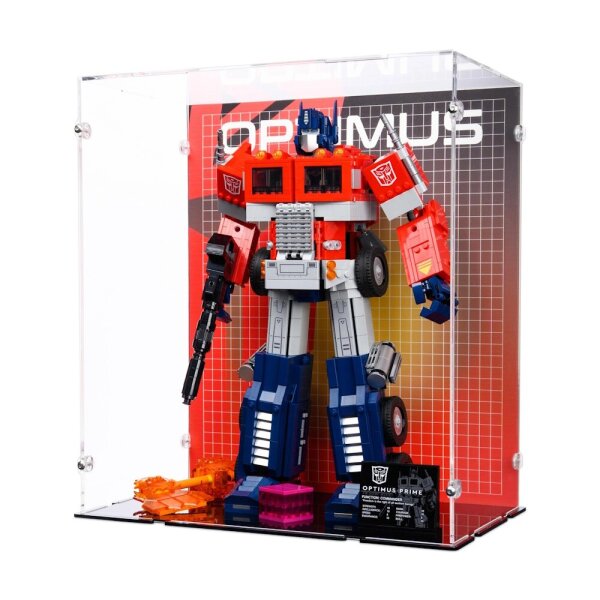 Acrylic display for LEGO&reg; 10302 Transformers: Optimus Prime (With background image & black base)