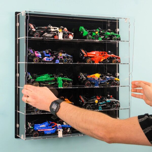 Acryl-Wand-Display f&uuml;r LEGO&reg; f&uuml;r 10 Speed Champions F1 Serie  (Mit schwarzem Hintergrund)