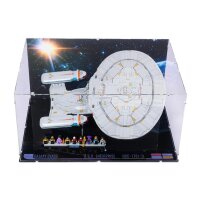 Display in acrilico per LEGO&reg; 10356 Star Trek: U.S.S. Enterprise NCC-1701-D (Con immagine di sfondo, base nera inc. 2 supporti)