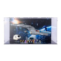 Display in acrilico per LEGO&reg; 10356 Star Trek: U.S.S. Enterprise NCC-1701-D (Con immagine di sfondo, base nera inc. 2 supporti)