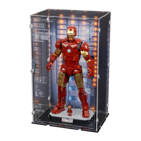 Acryl-Display f&uuml;r LEGO&reg; 76344 Iron Man Mark 3 Sammleredition (Mit Hintergrundbild & schwarzem Boden)