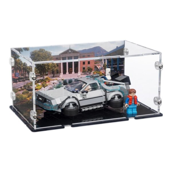 Display in acrilico per LEGO&reg; 77256 Macchina del tempo di Ritorno al futuro (Con immagine di sfondo della torre dellorologio e supporto per 2 opzioni di posizionamento)