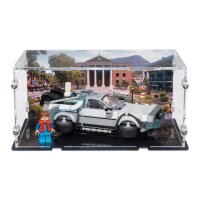 Display in acrilico per LEGO&reg; 77256 Macchina del tempo di Ritorno al futuro (Con immagine di sfondo della torre dellorologio e supporto per 2 opzioni di posizionamento)