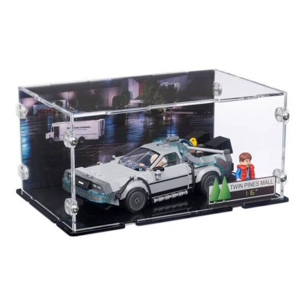 Acrylic display for LEGO&reg; 77256 Time Machine from Back to the Future  (With Twin Pines Mall background image & stand for 2 placement options)