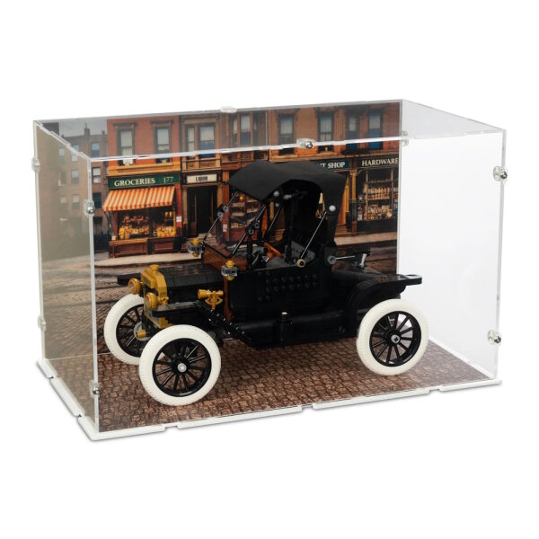 Acrylic Display Case for LEGO&reg; 11376 Ford Model T (with Retro Street Scene Background Image & Cobblestone Base Design)