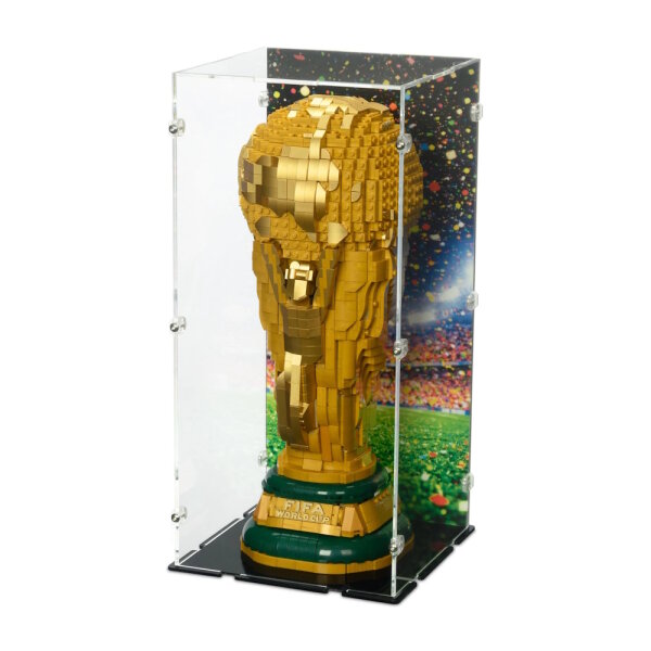 Acryl-Display f&uuml;r LEGO&reg; 43020 Offizieller Pokal der FIFA Fussball-Weltmeisterschaft  (Mit Hintergrundbild & schwarzem Boden)
