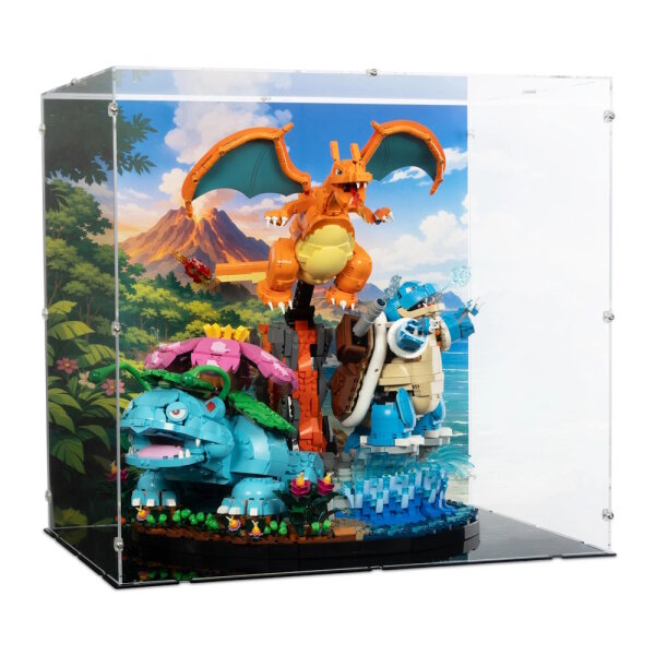 Display acrilico per LEGO&reg; 72153 Pok&eacute;mon Venusaur, Charizard e Blastoise  (con immagine di sfondo e base nera)