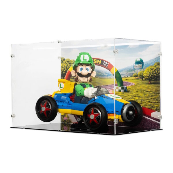 Display acrilico per LEGO&reg; 72050 Mario Kart Luigi e Mach 8  (con immagine di sfondo e base nera)