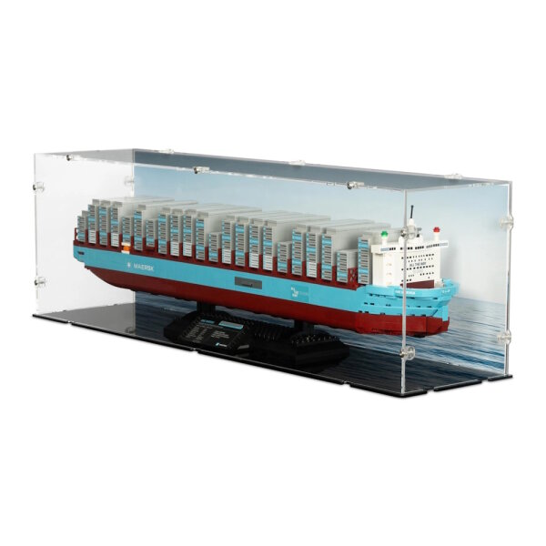 Display acrilico per LEGO&reg; 40955 Nave Portacontainer Maersk Dual-Fuel (con immagine di sfondo e base nera)
