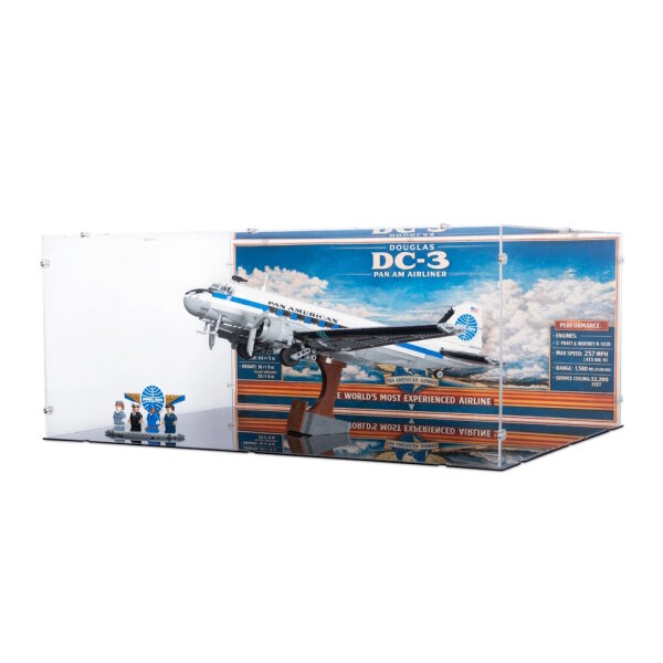 Pr&eacute;sentoir en acrylique pour LEGO&reg; 11378 Avion de ligne Douglas DC-3 de la PAN AM (avec image darri&egrave;re-plan et base noire)