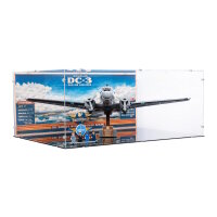 Pr&eacute;sentoir en acrylique pour LEGO&reg; 11378 Avion de ligne Douglas DC-3 de la PAN AM (avec image darri&egrave;re-plan et base noire)