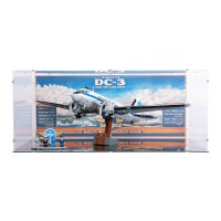 Pr&eacute;sentoir en acrylique pour LEGO&reg; 11378 Avion de ligne Douglas DC-3 de la PAN AM (avec image darri&egrave;re-plan et base noire)