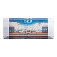 Pr&eacute;sentoir en acrylique pour LEGO&reg; 11378 Avion de ligne Douglas DC-3 de la PAN AM (avec image darri&egrave;re-plan et base noire)