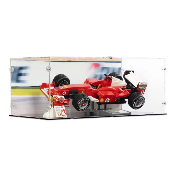 Acrylic display for LEGO&reg; 11375 Ferrari F2004 & Michael Schumacher (With background image & black base)