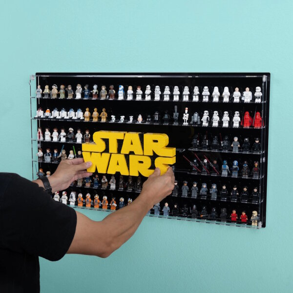 Acryl-Wand-Display f&uuml;r 128 LEGO&reg;  Star Wars Minigiguren und Star Wars Logo 75407  (Mit schwarzem Hintergrund)