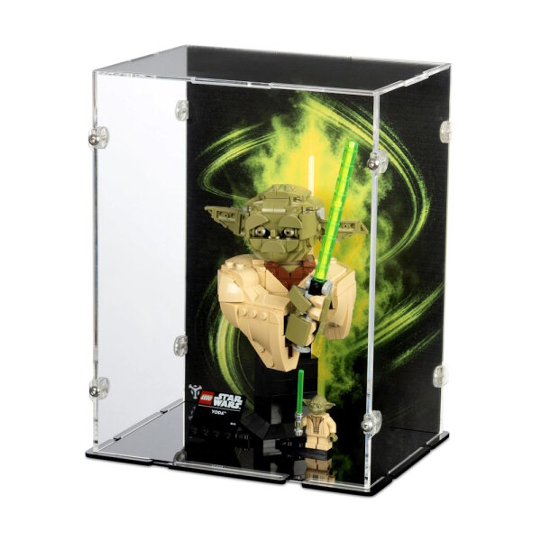 Acryl-Display f&uuml;r LEGO&reg; 75438 Star Wars - Yoda B&uuml;ste (Mit Hintergrundbild & schwarzem Boden)