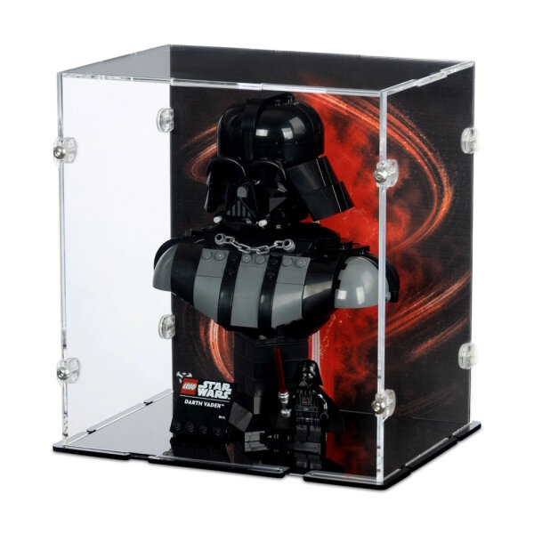 Pr&eacute;sentoir en acrylique pour LEGO&reg; 75439 Star Wars - Le buste de Dark Vador (avec image darri&egrave;re-plan et base noire)