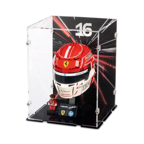 Display in acrilico per LEGO&reg; 43014 Casco di Charles Leclerc Scuderia Ferrari HP (con immagine di sfondo e base nera)