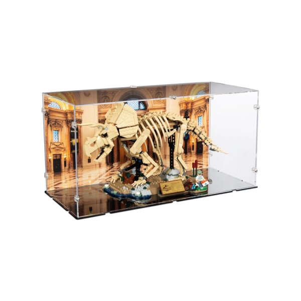 Acrylic display for LEGO&reg; 77985 Dinosaur Fossils - Triceratops (With background image & black base)