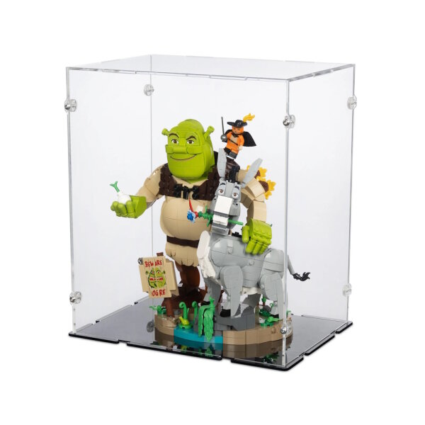 Display in acrilico per LEGO&reg; 72423 Shrek, Ciuchino e Gatto con gli Stivali (con fondo nero)