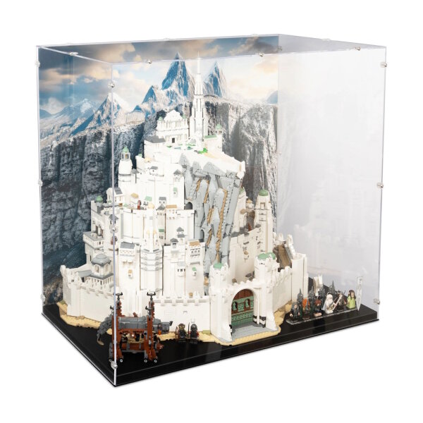 Display in acrilico per LEGO&reg; 11377 Il Signore degli Anelli - Minas Tirith (Con immagine di sfondo e base in legno nero)