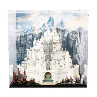 Display in acrilico per LEGO&reg; 11377 Il Signore degli Anelli - Minas Tirith (Con immagine di sfondo e base in legno nero)