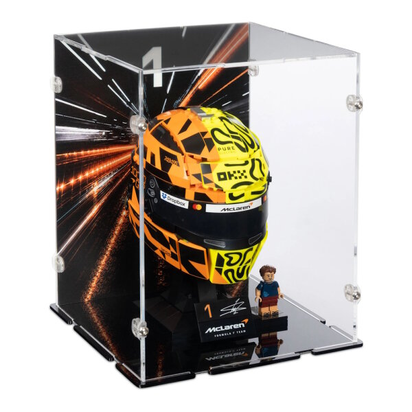 Acrylic display for LEGO&reg; 43023 McLaren Mastercard F1 Team Lando Norris Helmet (With background image & black base)