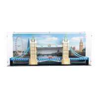 Pr&eacute;sentoir en acrylique pour LEGO&reg; 21067 Tower Bridge (Avec image de fond et base noire)