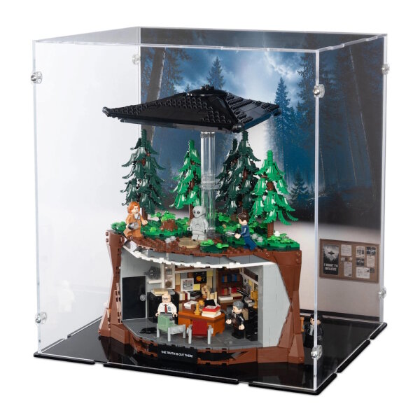 Pr&eacute;sentoir en acrylique pour LEGO&reg; 21369 The X-Files (Avec image de fond et base noire)