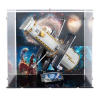 Display in acrilico per LEGO&reg; 11382 Telescopio spaziale Hubble (con immagine di sfondo e base nera)