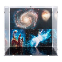 Display in acrilico per LEGO&reg; 11382 Telescopio spaziale Hubble (con immagine di sfondo e base nera)