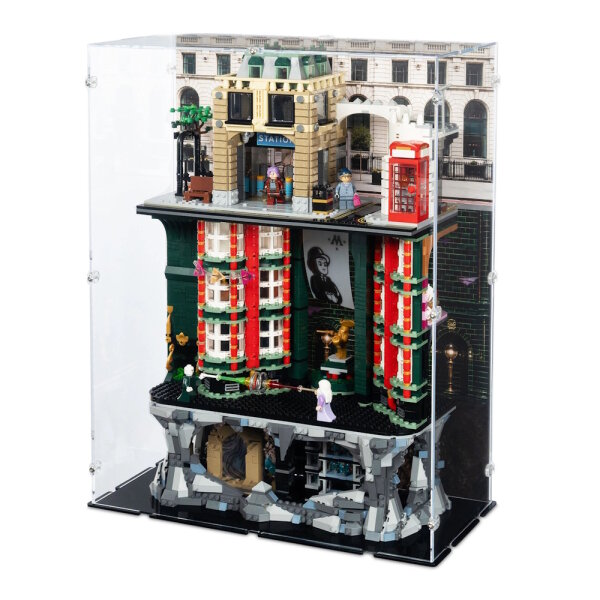 Pr&eacute;sentoir en acrylique pour LEGO&reg; 76476 Harry Potter - Le minist&egrave;re de la Magie - &Eacute;dition collector (Avec image de fond et base noire)