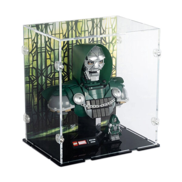 Acryl-Display f&uuml;r LEGO&reg; 76345 Doctor Doom B&uuml;ste (Mit Hintergrundbild & schwarzem Boden)